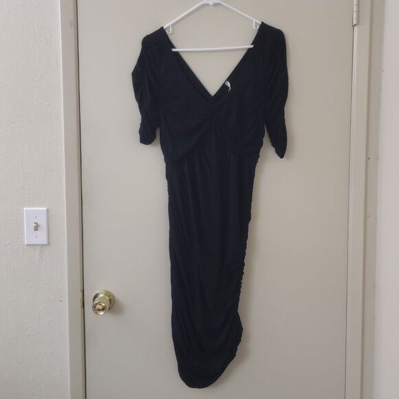 Ruched Black V Neck Dress - Picture 1 of 5